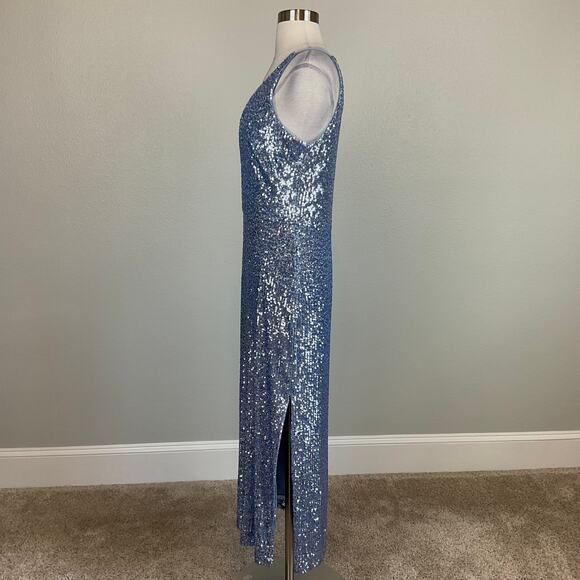 XSCAPE Sequined Midi Sheath Cocktail Dress Blue Size 6 Sleeveless V-Neck - Picture 5 of 14